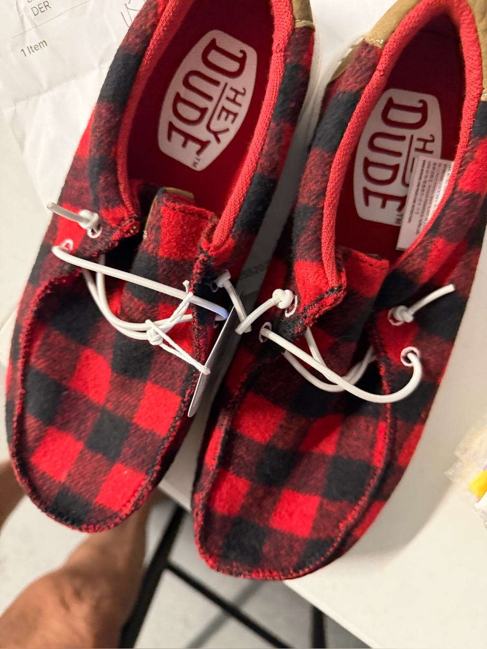 Hey Dude Red Plaid Slip-On Shoes size8M new without box